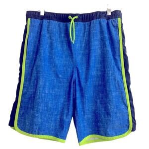 Lands’ End Boys Blue and Neon Green Swimming Trunks- Size XL